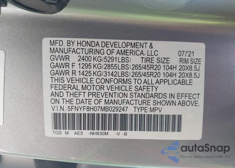 2021 Honda Passport Awd Elite from USA, damaged, VIN 5FNYF8H07MB029247